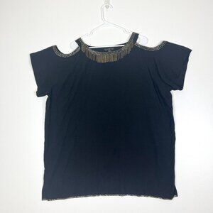 Eloquii Black Cold Shoulder Tunic Top with Beads & Chains Details Size 22/24 EUC